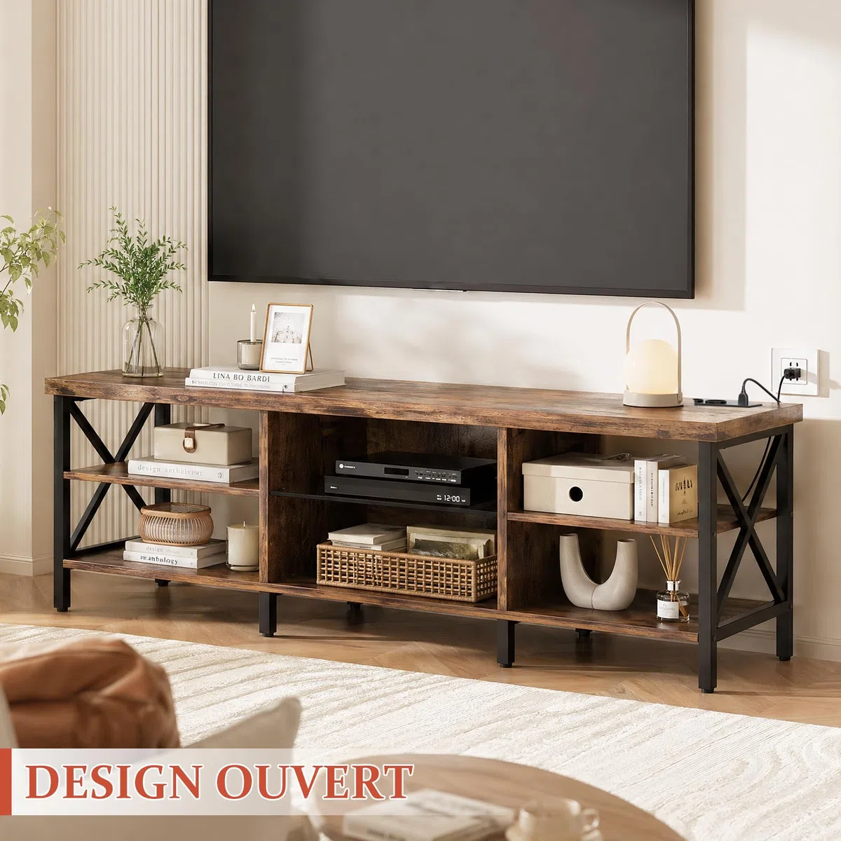 iSunirm Meuble TV 160 cm Brun Rustique avec LED RGB & Station de Recharge – Support Télé jusqu'à 80 Pouces – Banc TV Industriel Bois et Métal pour Salon, Chambre
