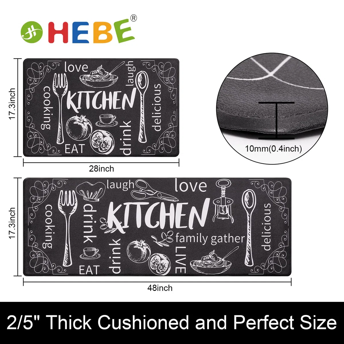 HEBE Lot de 2 Tapis de Cuisine Anti-Fatigue antidérapants épais et rembourrés avec Chemin de Table 43,2 x 121,9 cm + 43,2 x 71,1 cm