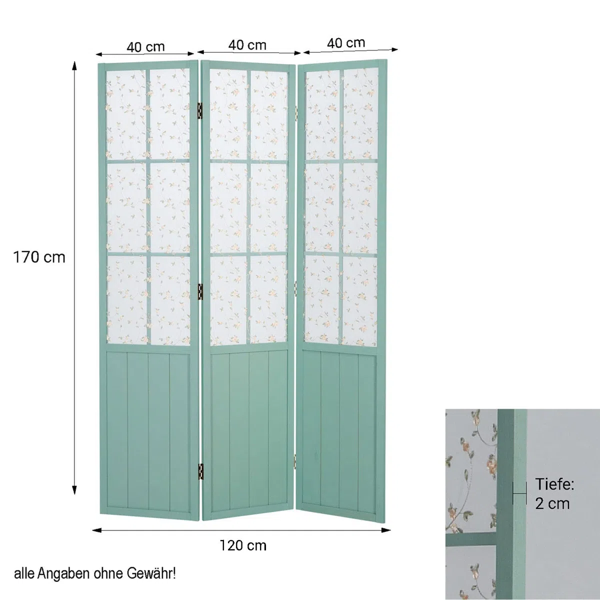 Homestyle4u 2013 - Paravent - Séparateur de pièces en bois - Turquoise - 3 compartiments