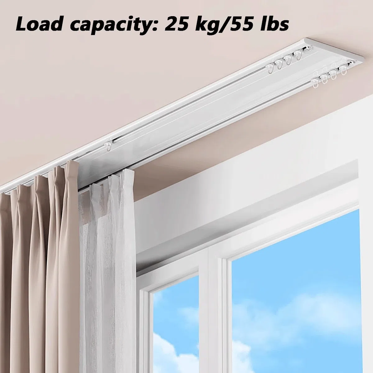 Ensemble de rails de rideaux doubles – Support plafond de 3 m avec rouleaux silencieux pour une installation facile – Système double rail blanc pour chambre à coucher et salon – Couleur champagne