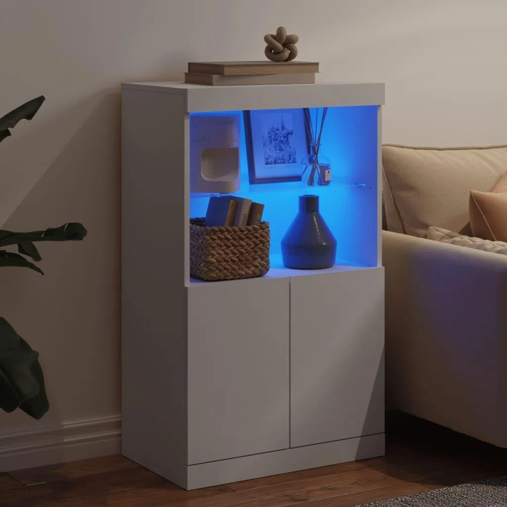 Buffet avec lumières LED blanches Buffet moderne avec lumières LED, grand rangement et surface vitrée résistante. 60,5 x 37 x 100 cm