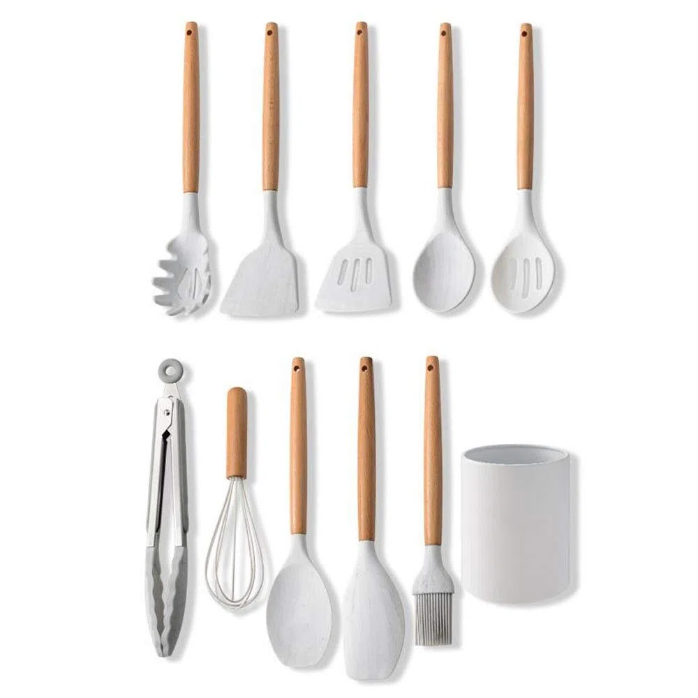 Spatule de cuisine en silicone avec poignée en bois anti-adhésive - Ustensiles de cuisine en silicone résistant aux hautes températures