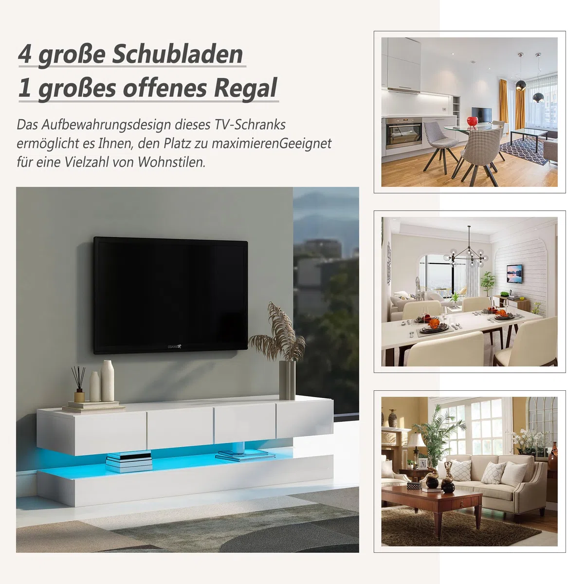 Merax Meuble TV LED bas mural avec éclairage LED 16 couleurs, support TV avec 2 armoires et 4 grands tiroirs pour TV jusqu'à 55 pouces - Blanc