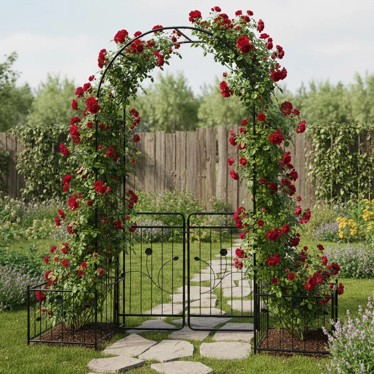 Relaxdays Arche métallique Ronde avec Portail et 2 bacs à Plantes grimpantes, HxLxP 220x202x50 cm, Noir