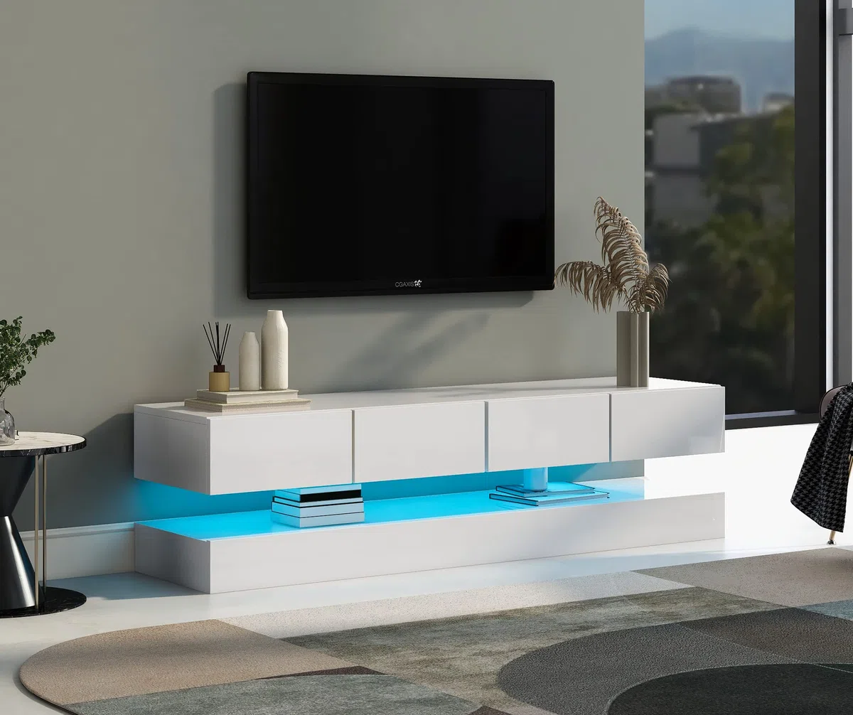 Merax Meuble TV LED bas mural avec éclairage LED 16 couleurs, support TV avec 2 armoires et 4 grands tiroirs pour TV jusqu'à 55 pouces - Blanc