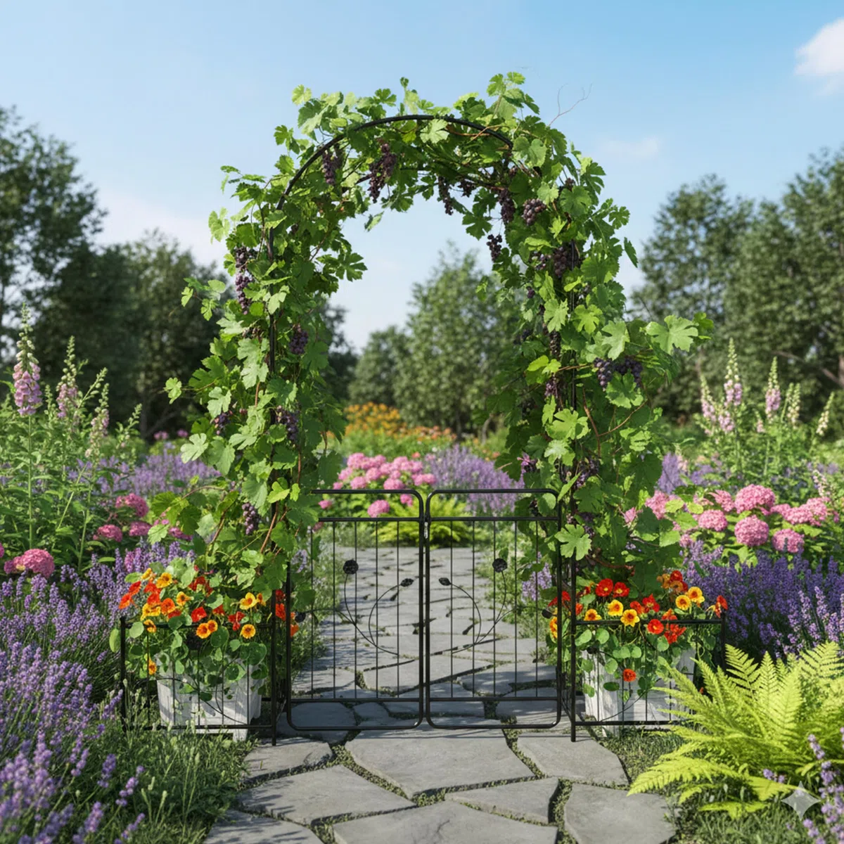 Relaxdays Arche métallique Ronde avec Portail et 2 bacs à Plantes grimpantes, HxLxP 220x202x50 cm, Noir
