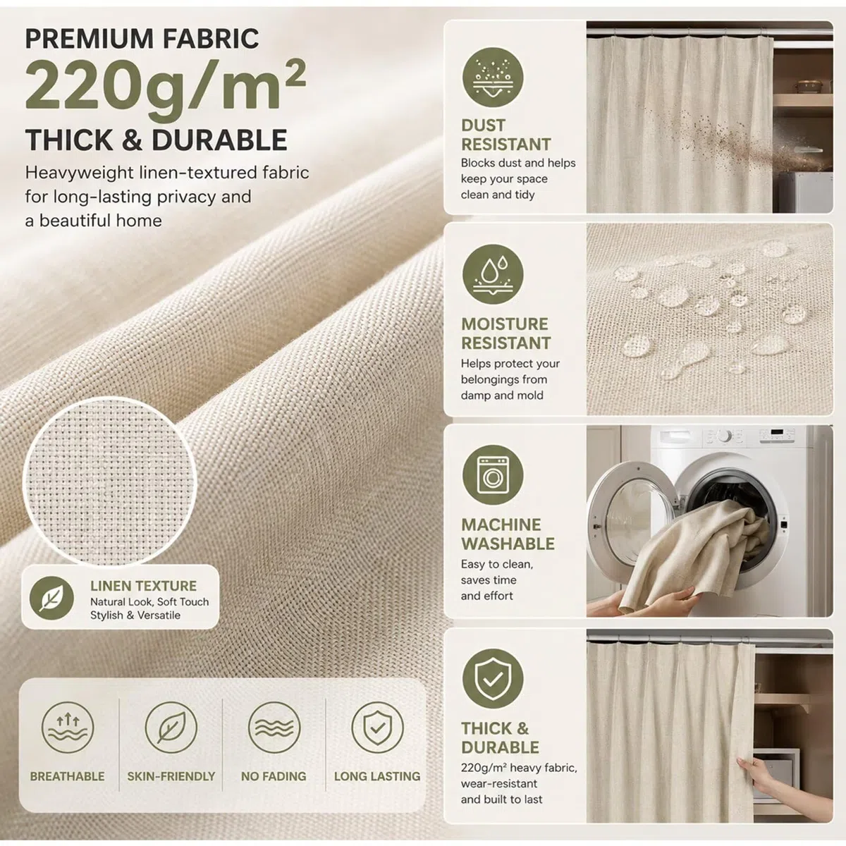Rideau occultant Lin pour Meuble et Placard W200 x H190cm Gris