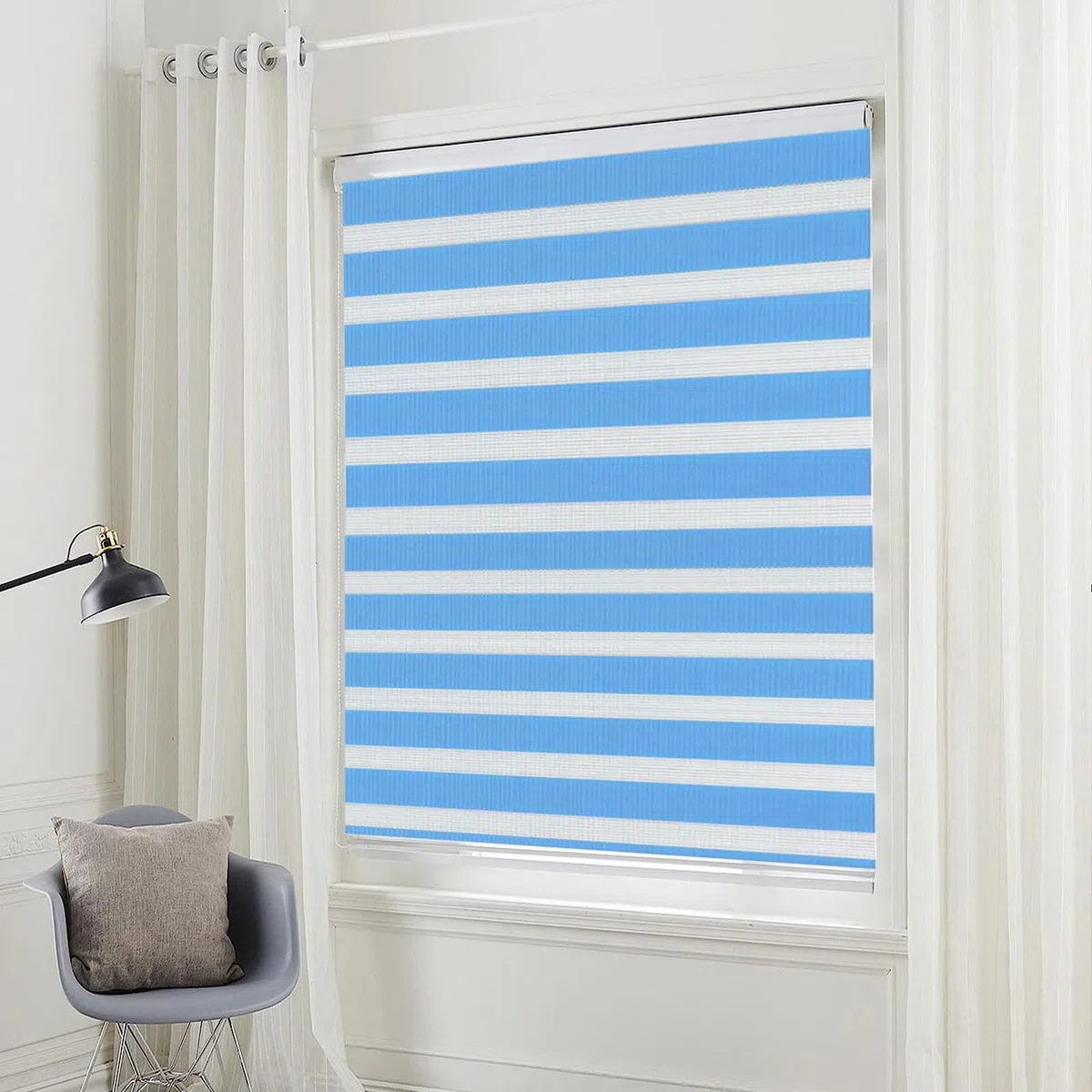 Store Enrouleur Jour Nuit 90 x 240 cm Protection Solaire et Visuelle Protection Solaire Intimité Écran Facile à Montage pour Chambre Salon Cuisine Salle de Bain, Bleu
