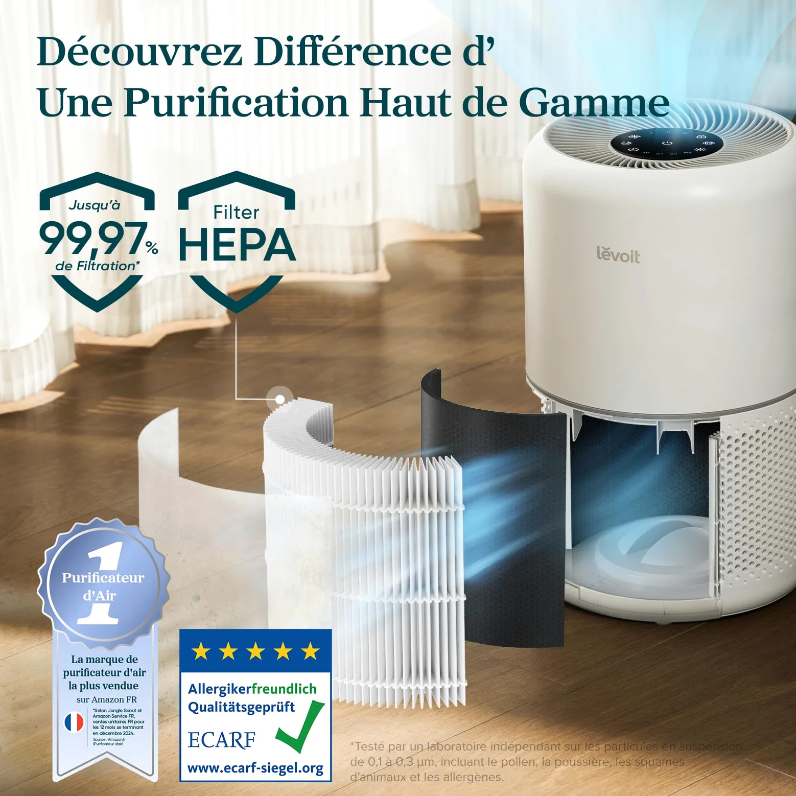 Levoit Core300S Purificateur d'Air CADR240m³/h HEPA Capture contre Allergie