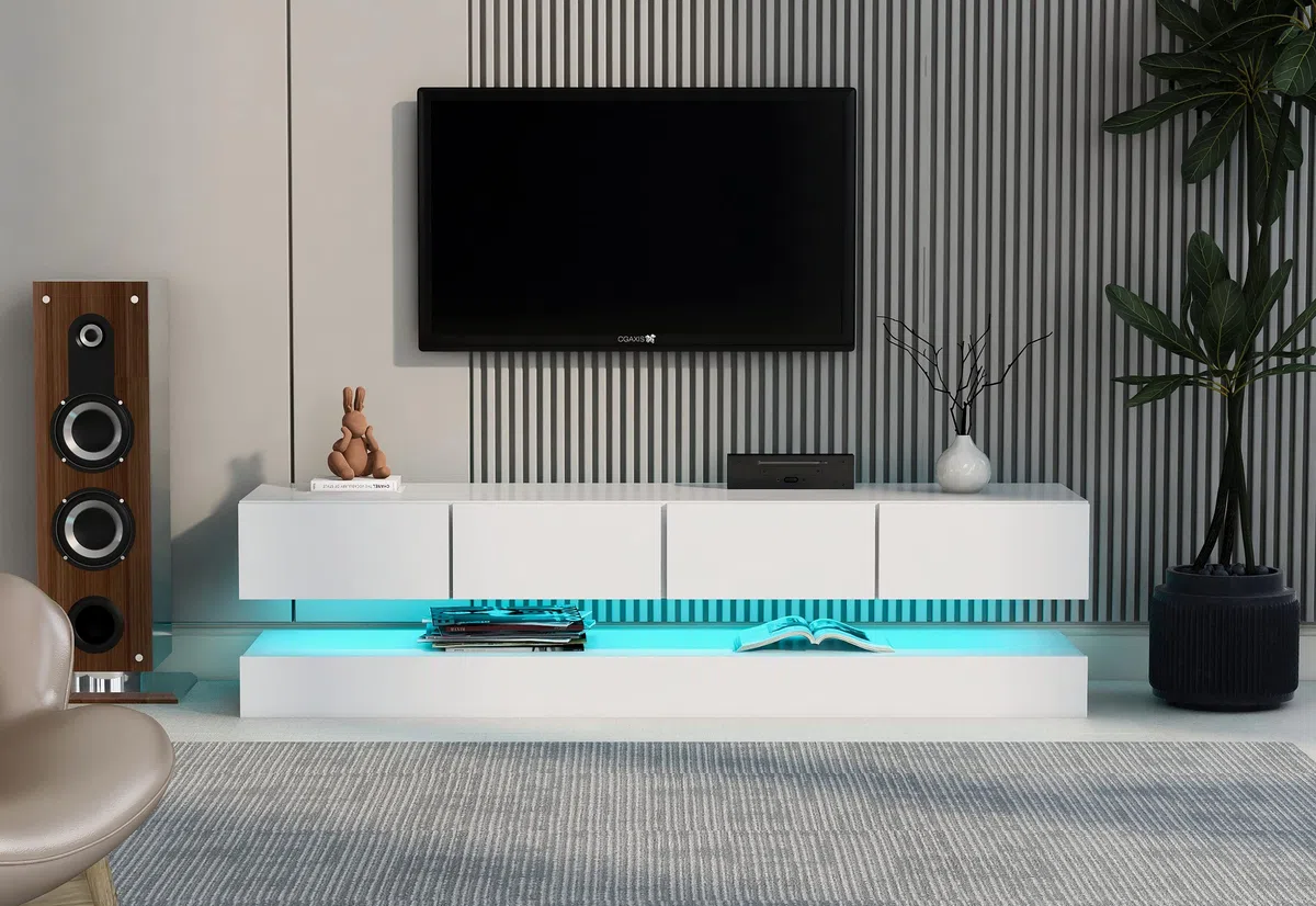 Merax Meuble TV LED bas mural avec éclairage LED 16 couleurs, support TV avec 2 armoires et 4 grands tiroirs pour TV jusqu'à 55 pouces - Blanc