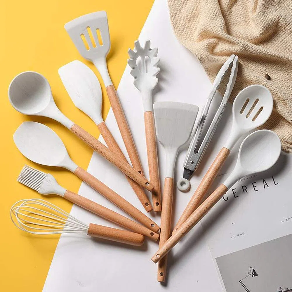 Spatule de cuisine en silicone avec poignée en bois anti-adhésive - Ustensiles de cuisine en silicone résistant aux hautes températures