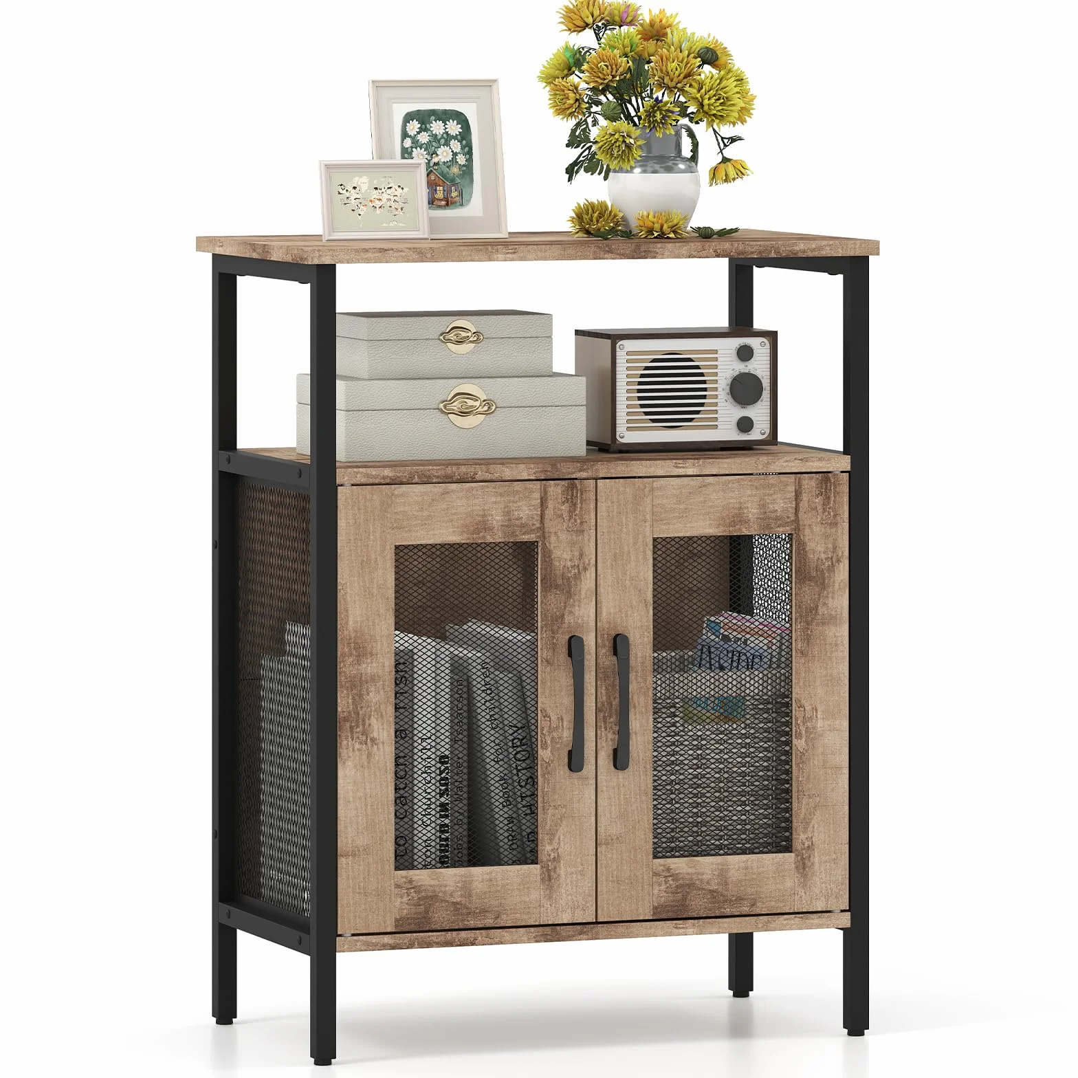 GIANTEX Meuble de Bar à Vin, Buffet Industriel, Porte-Bouteilles, Porte-Verres à vin Amovible, Meuble de Rangement, Porte en Métal Grillagé, Idéal pour Salon, Cuisine, Salle à Manger (Gris Chêne)