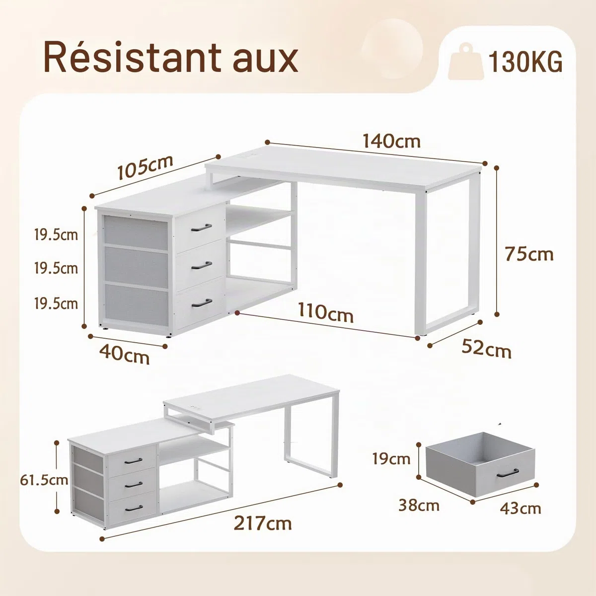 JUMMICO Bureau d'ordinateur 140 x 105 cm, Modèle en L Réversible, 3 Grands Tiroirs, Multiprise Intégrée et Panneau Perforé Réglable, Plateau Blanc avec Pieds Blancs