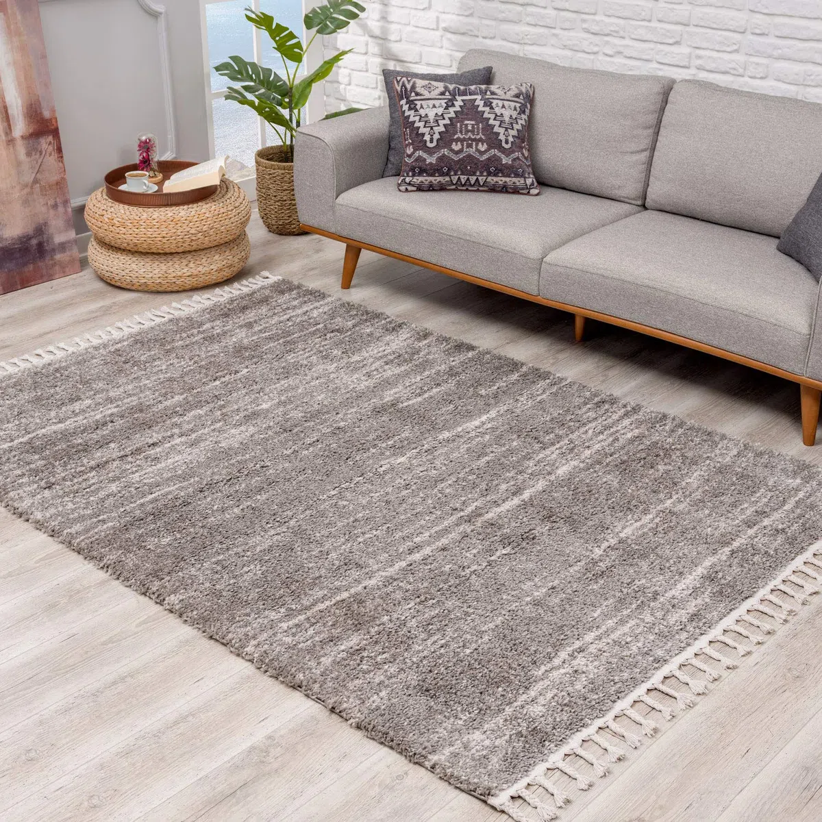 Tapis de Salon à Poils Longs - Style Ethnique chiné - 200 x 290 cm - Gris crème - Tapis avec Franges