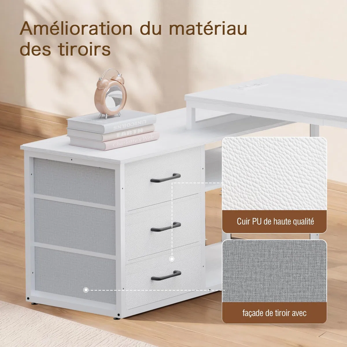 JUMMICO Bureau d'ordinateur 140 x 105 cm, Modèle en L Réversible, 3 Grands Tiroirs, Multiprise Intégrée et Panneau Perforé Réglable, Plateau Blanc avec Pieds Blancs