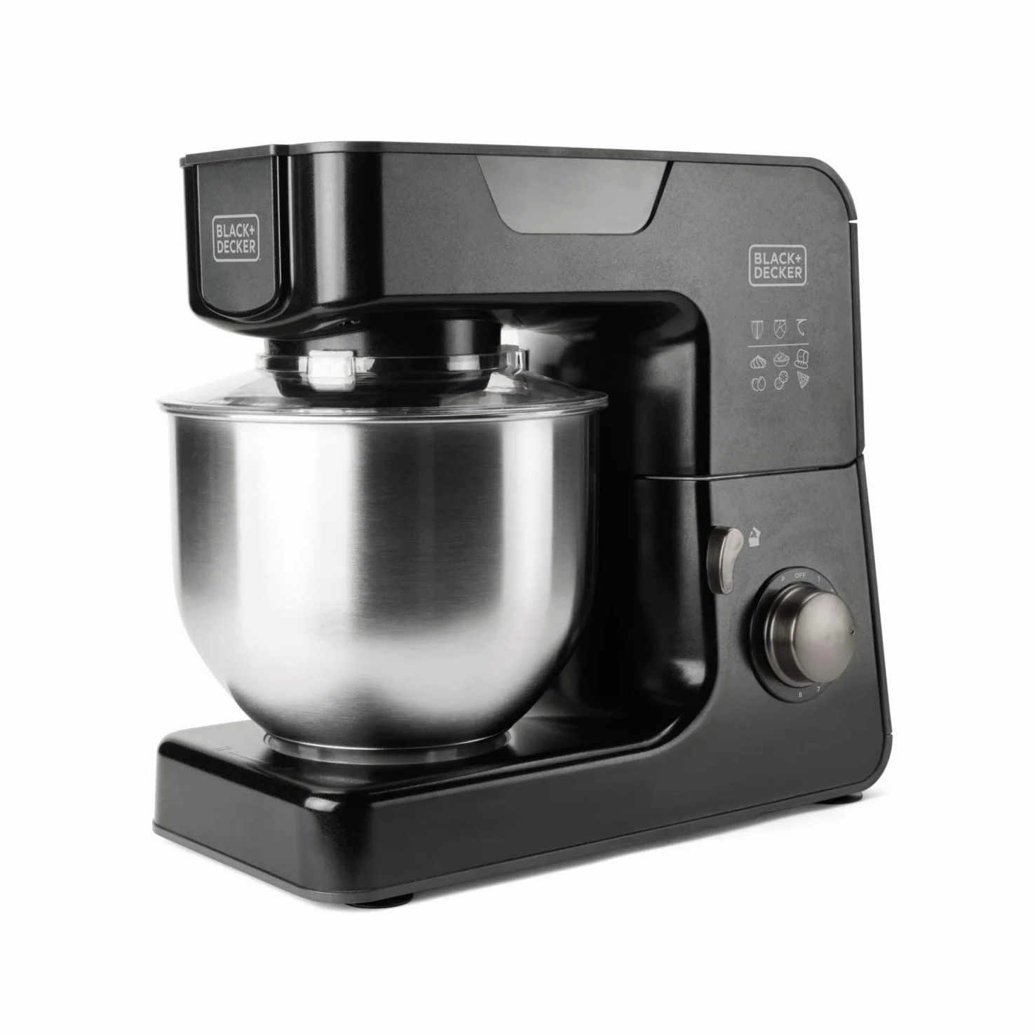 BLACK+DECKER BXKM1000E - Robot Patissier multifonction 1000W, 8 vitesses réglables + Turbo, bol de 5,2L, couvercle anti-éclaboussures, crochet batteur, crochet pétrisseur et crochet mélangeur
