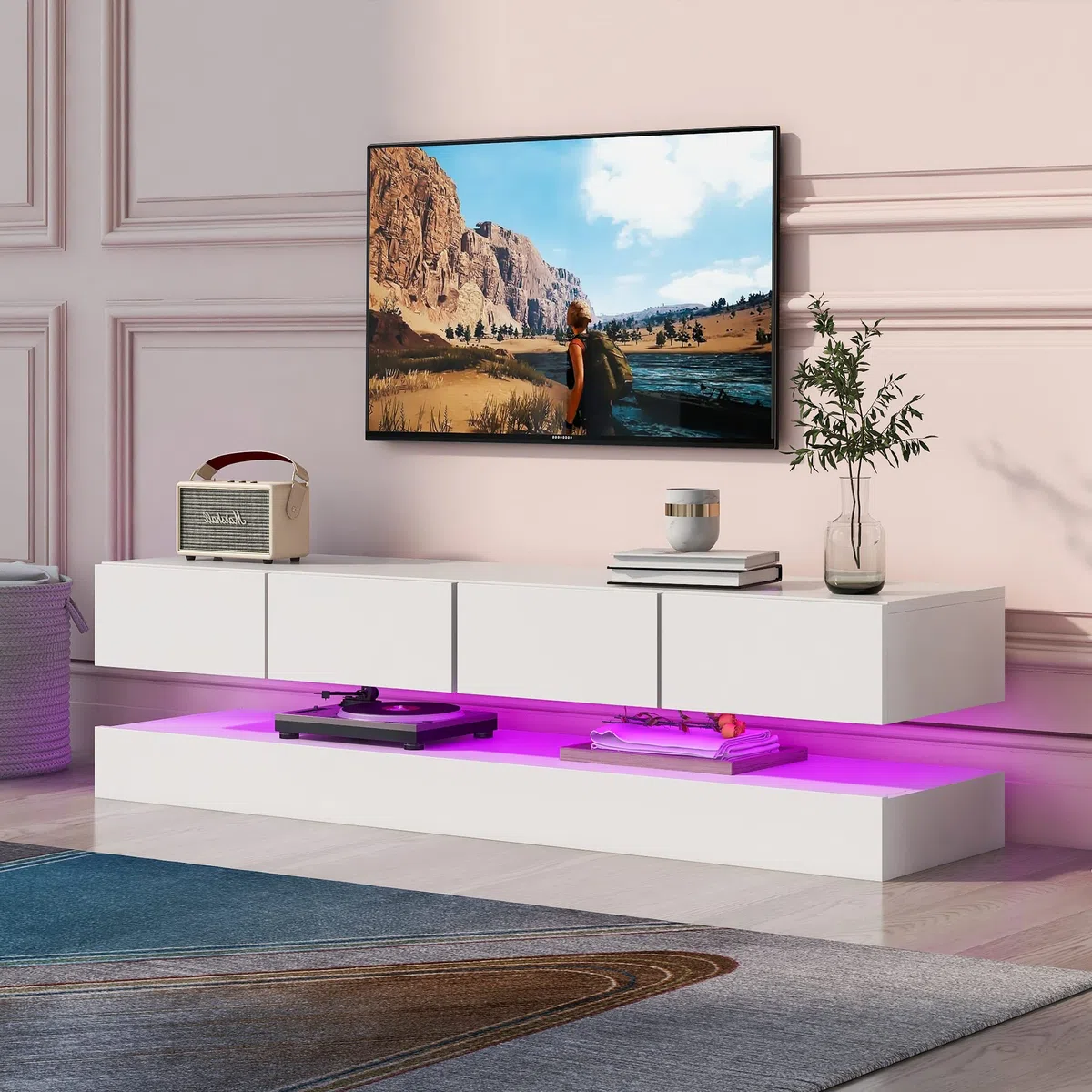 Merax Meuble TV LED bas mural avec éclairage LED 16 couleurs, support TV avec 2 armoires et 4 grands tiroirs pour TV jusqu'à 55 pouces - Blanc