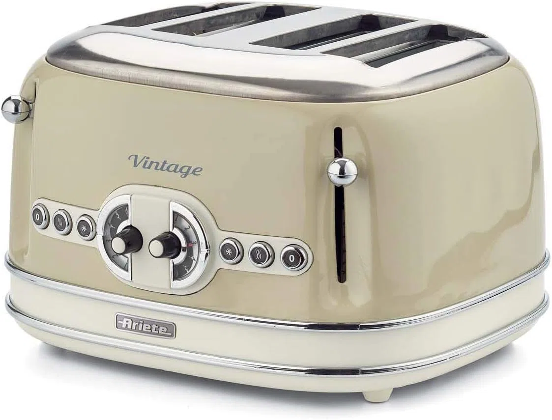 Ariete Vintage 156 Grille-pain 4 tranches, 1600 watts, 6 niveaux de grillage & Ariete Vintage 2877 Bouilloire Électrique design, 2000 W, 1,7 L, Beige Pastel