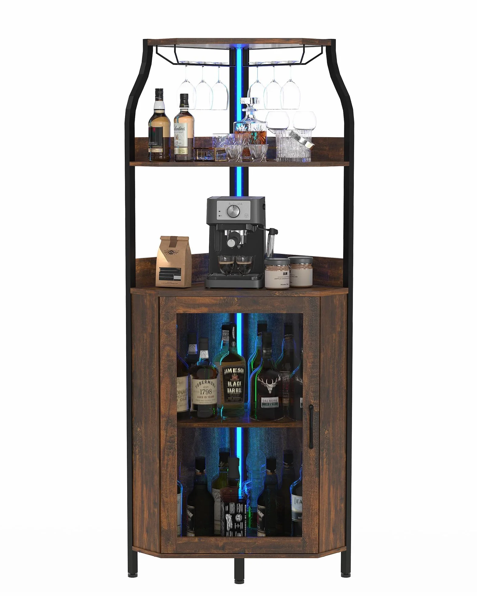 Garvee Vitrine à vin courbée en MDF avec 4 étagères – Porte vitrée et éclairage LED – Meuble Bar indépendant Moderne pour Salon – Rangement Bouteilles et Verres – Facile à Nettoyer – Marron