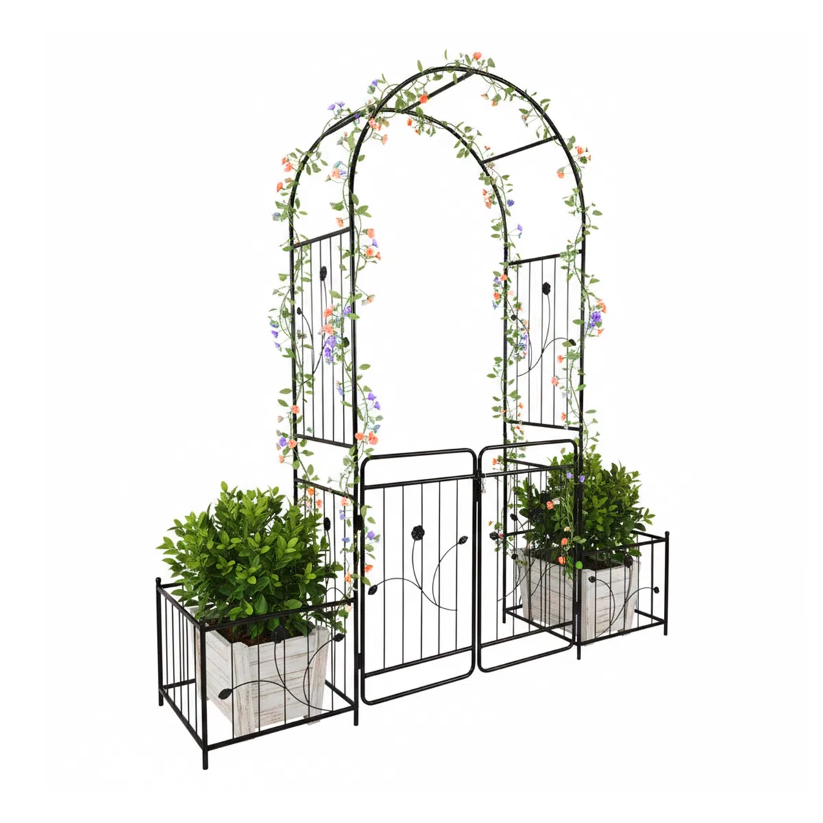 Relaxdays Arche métallique Ronde avec Portail et 2 bacs à Plantes grimpantes, HxLxP 220x202x50 cm, Noir