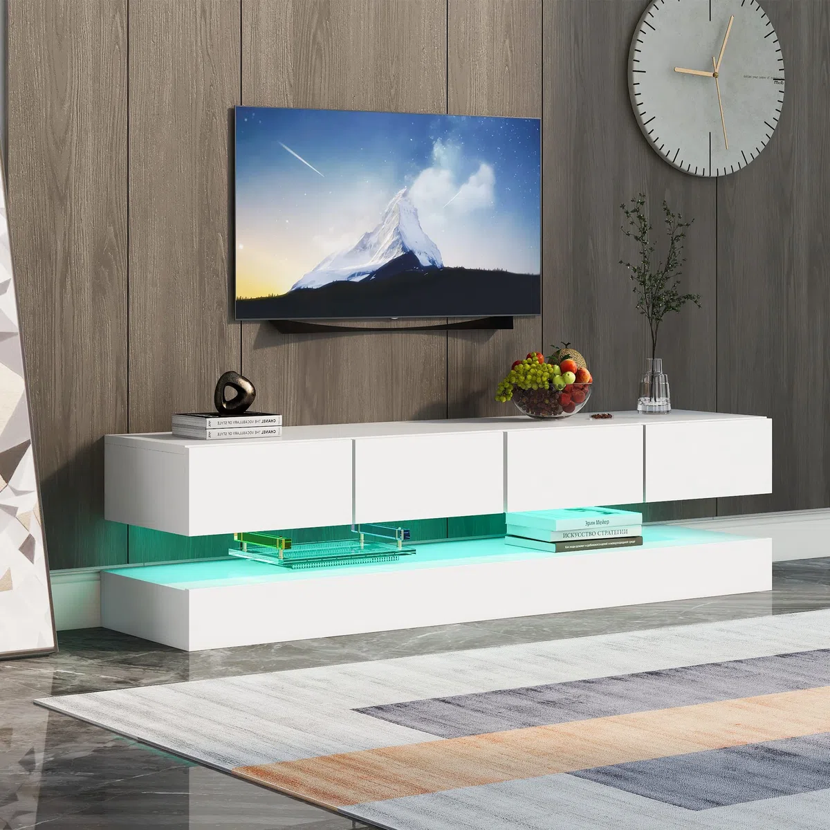 Merax Meuble TV LED bas mural avec éclairage LED 16 couleurs, support TV avec 2 armoires et 4 grands tiroirs pour TV jusqu'à 55 pouces - Blanc
