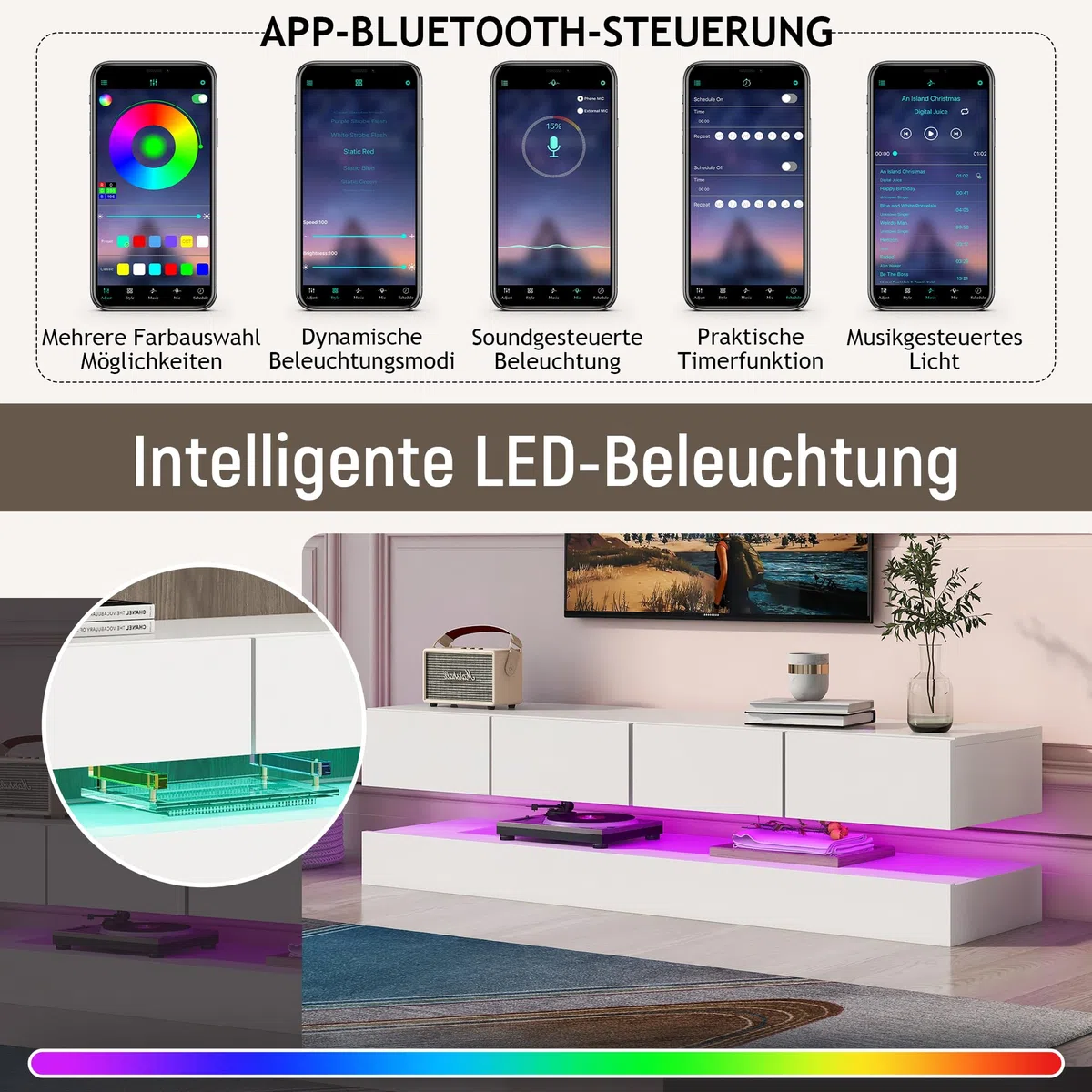 Merax Meuble TV LED bas mural avec éclairage LED 16 couleurs, support TV avec 2 armoires et 4 grands tiroirs pour TV jusqu'à 55 pouces - Blanc