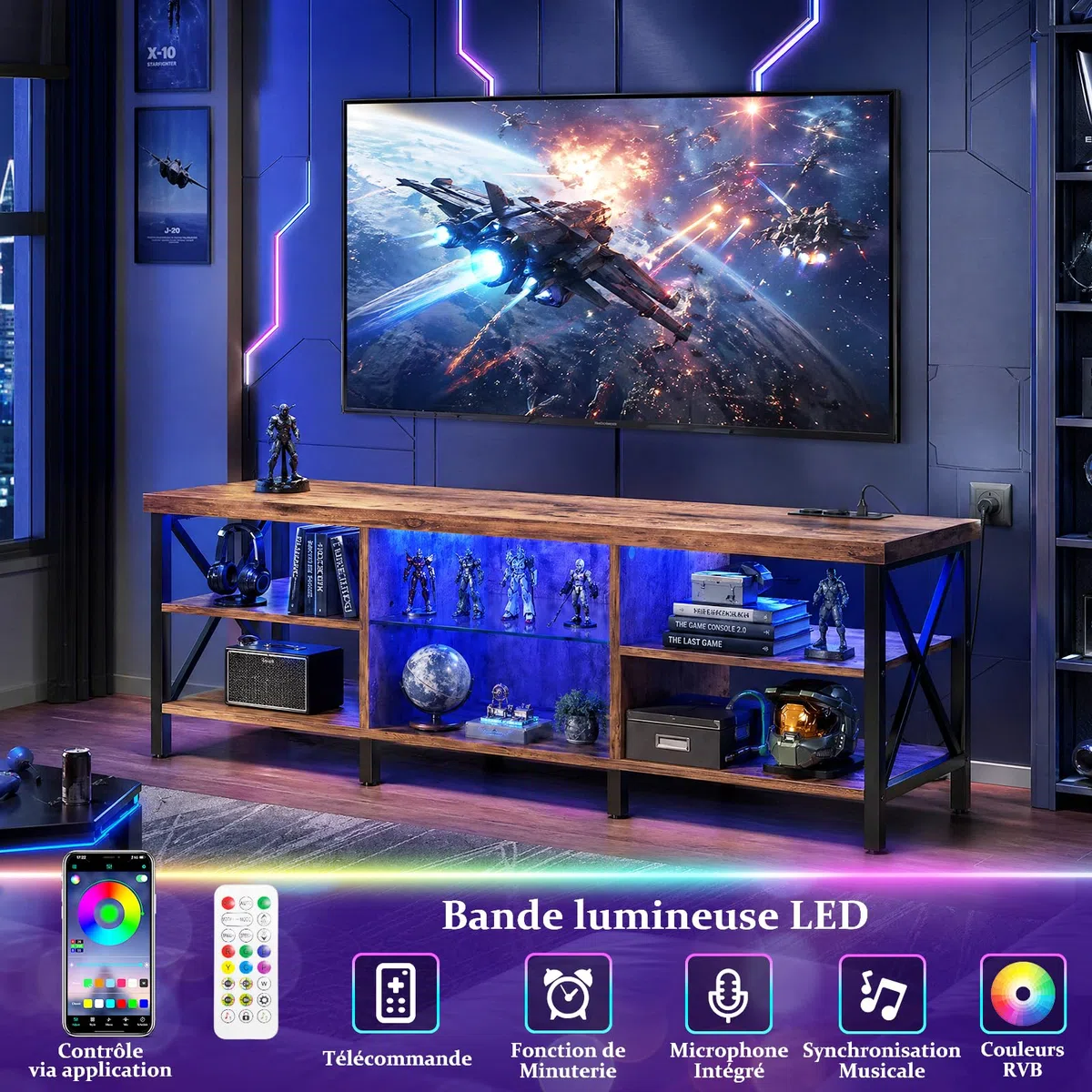 iSunirm Meuble TV 160 cm Brun Rustique avec LED RGB & Station de Recharge – Support Télé jusqu'à 80 Pouces – Banc TV Industriel Bois et Métal pour Salon, Chambre