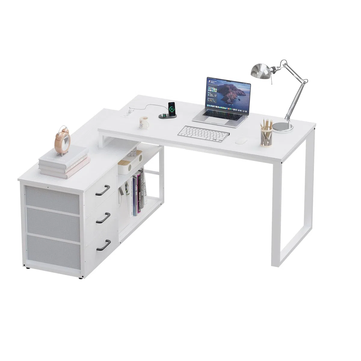 JUMMICO Bureau d'ordinateur 140 x 105 cm, Modèle en L Réversible, 3 Grands Tiroirs, Multiprise Intégrée et Panneau Perforé Réglable, Plateau Blanc avec Pieds Blancs
