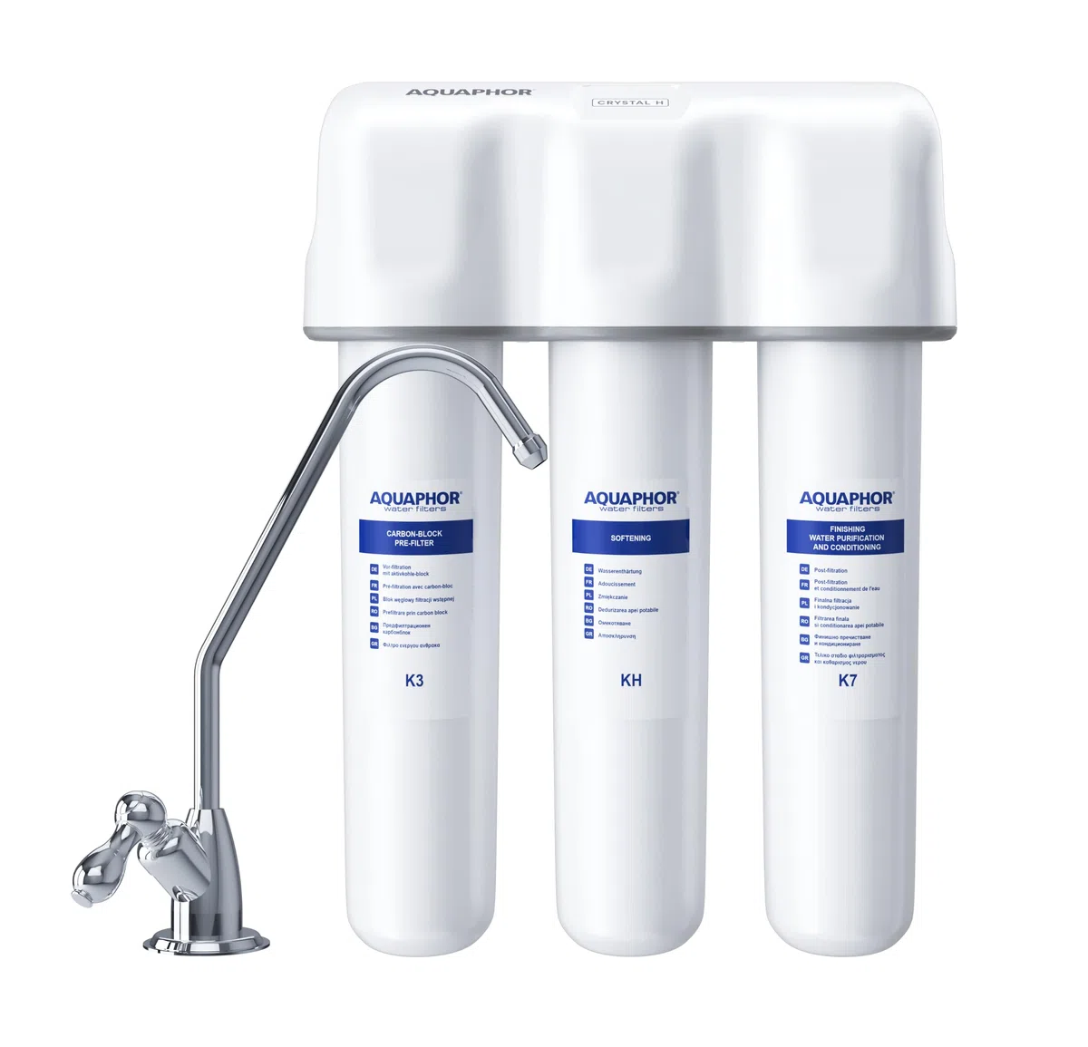 AQUAPHOR Système de filtration à eau Crystal H avec filtre K3, K7, KH pour eau dure.