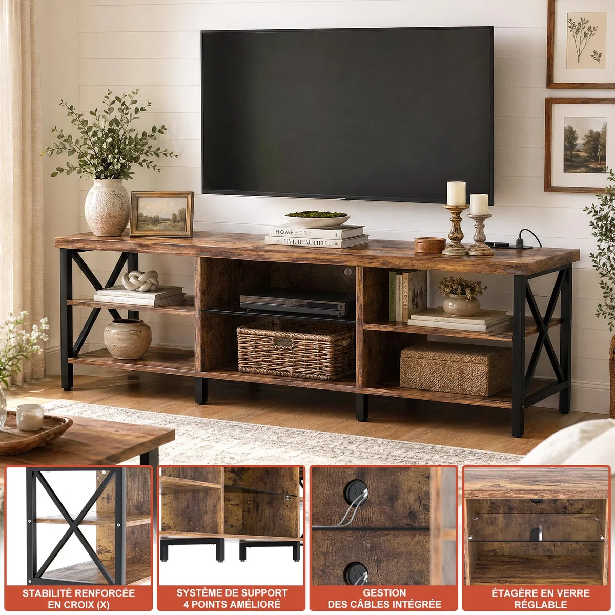 iSunirm Meuble TV 160 cm Brun Rustique avec LED RGB & Station de Recharge – Support Télé jusqu'à 80 Pouces – Banc TV Industriel Bois et Métal pour Salon, Chambre