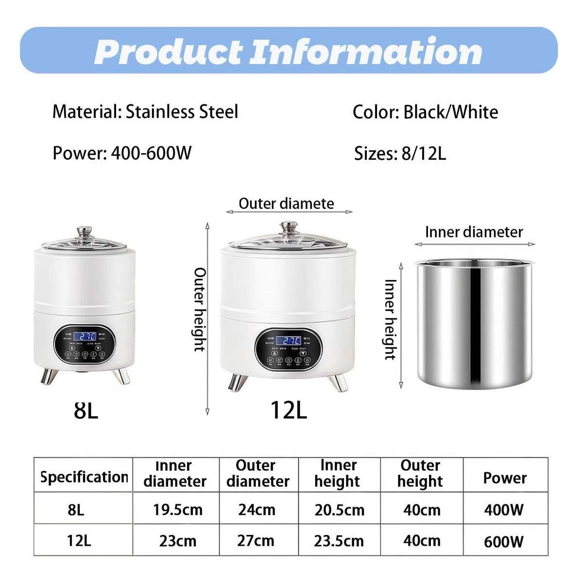 Yaourtière, Multifonctionnelle Yaourtiere de 8L/12L avec Fermenteur et Affichage du Temps Yaourtières pour la Production de Yaourts en Grandes Quantités White-8L