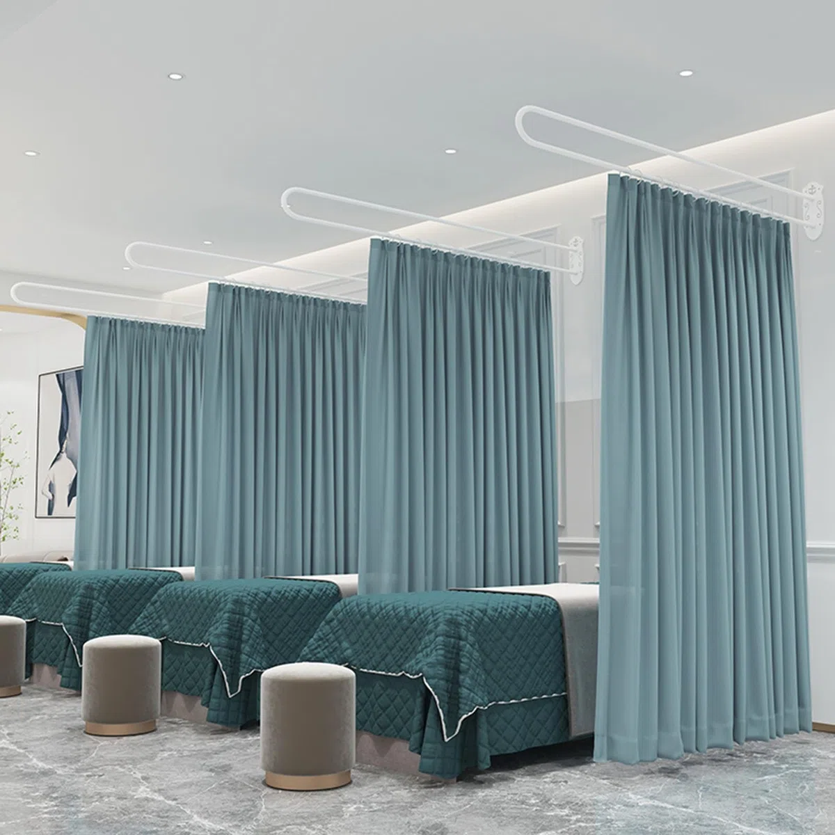 Paravent Intérieur Rideau De Séparation pour Salon De Beauté, Barre De Support De 2 M De Long/Barres en U, Séparateur De Pièce D'intimité, Rideaux Fins Et Transparents(White Pole)