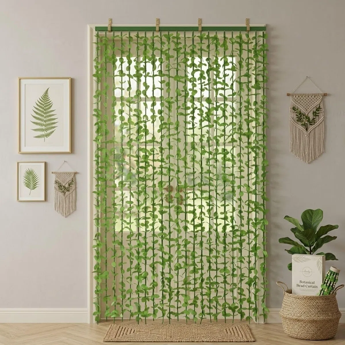 Rideau de Porte Perles Rideau De Fleurs Artificielles en Bambou, Artificiel Feuilles Vertes Bambou Rideau Perles, Filtrage La Lumière Cloison Confidentialité for Fonds Décoration