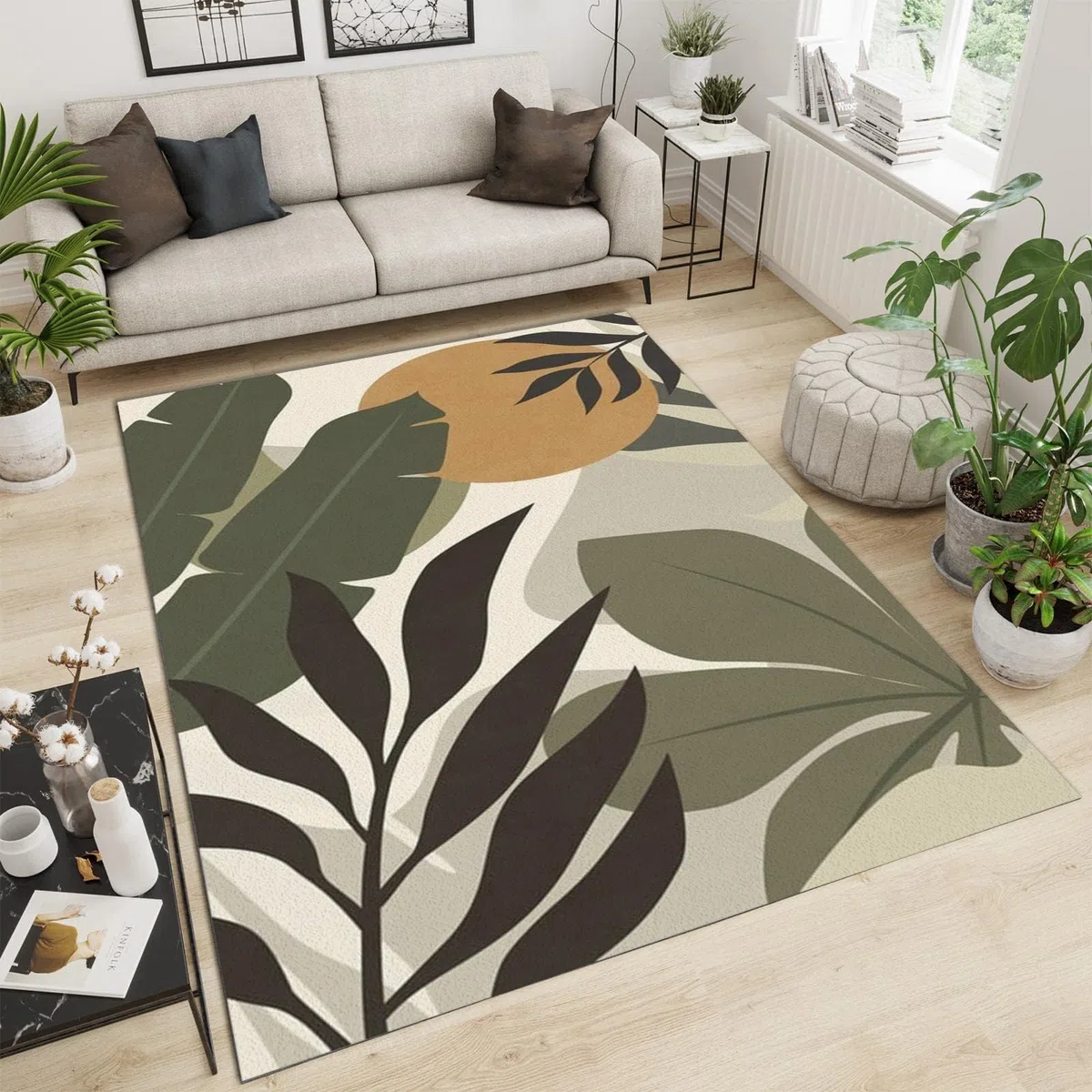 Tapis de Décoration Feuille De Palmier Simple, 140 x 200 cm Tapis Moquette de Chambre à Poils Ras, Paillasson Intérieur - pour Chambre à Coucher de Salon
