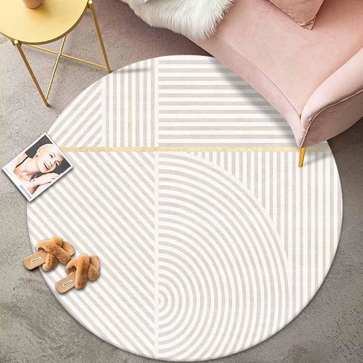 Tapis circulaires contemporains pour Salon Beige Gris Or 60cm 80cm 100cm 120cm 140cm 160cm 180cm 200cm Tapis Lavable en Machine Chambre à Coucher