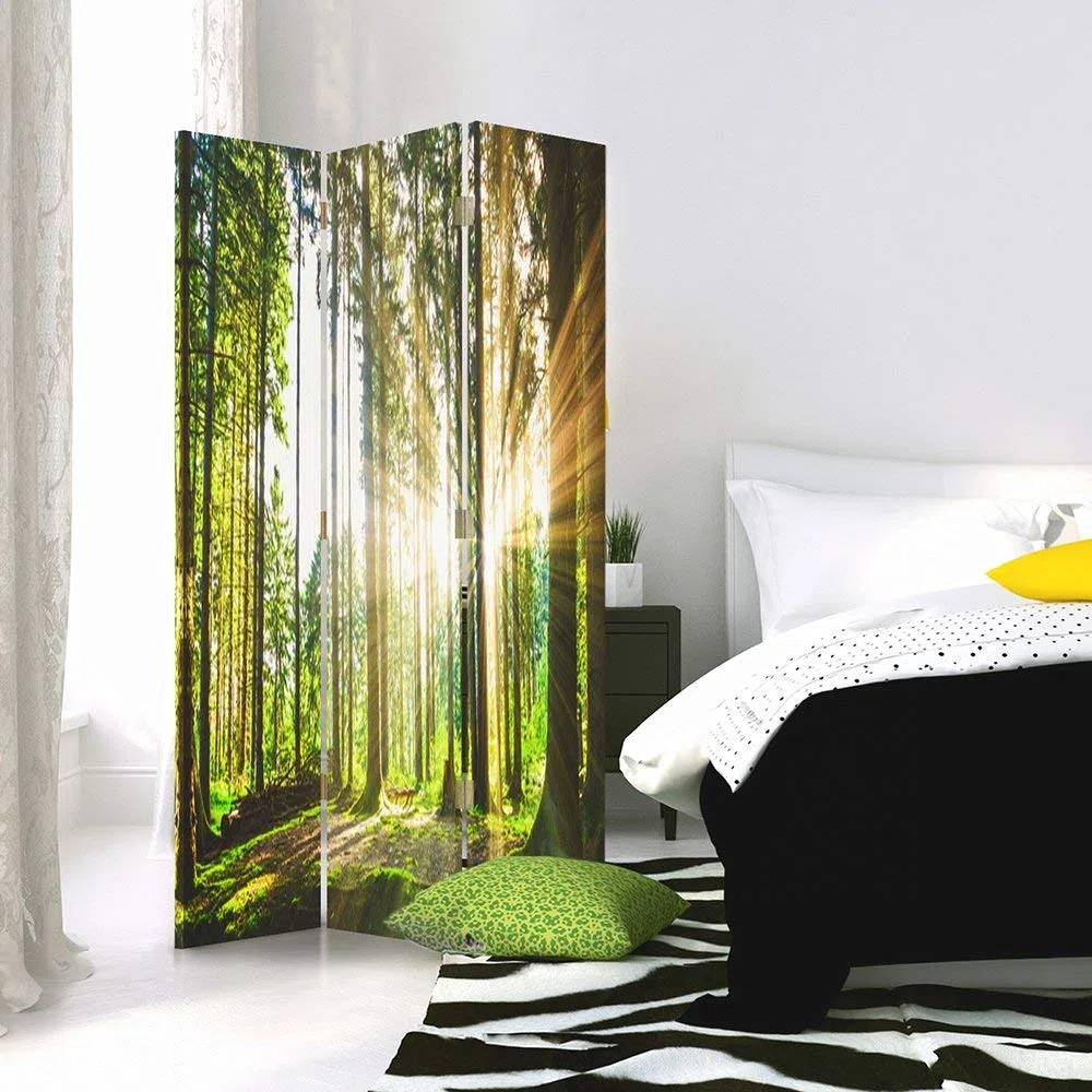 Feeby Paravent forêt 3 Panneaux 110x180 cm Une Seule Côté Cloison de séparation Écran Pliant Foto Paravent Interieur Décoratif Mur Espagnol Impression sur Toile Chambre d'enfant Salon Bureau Vert