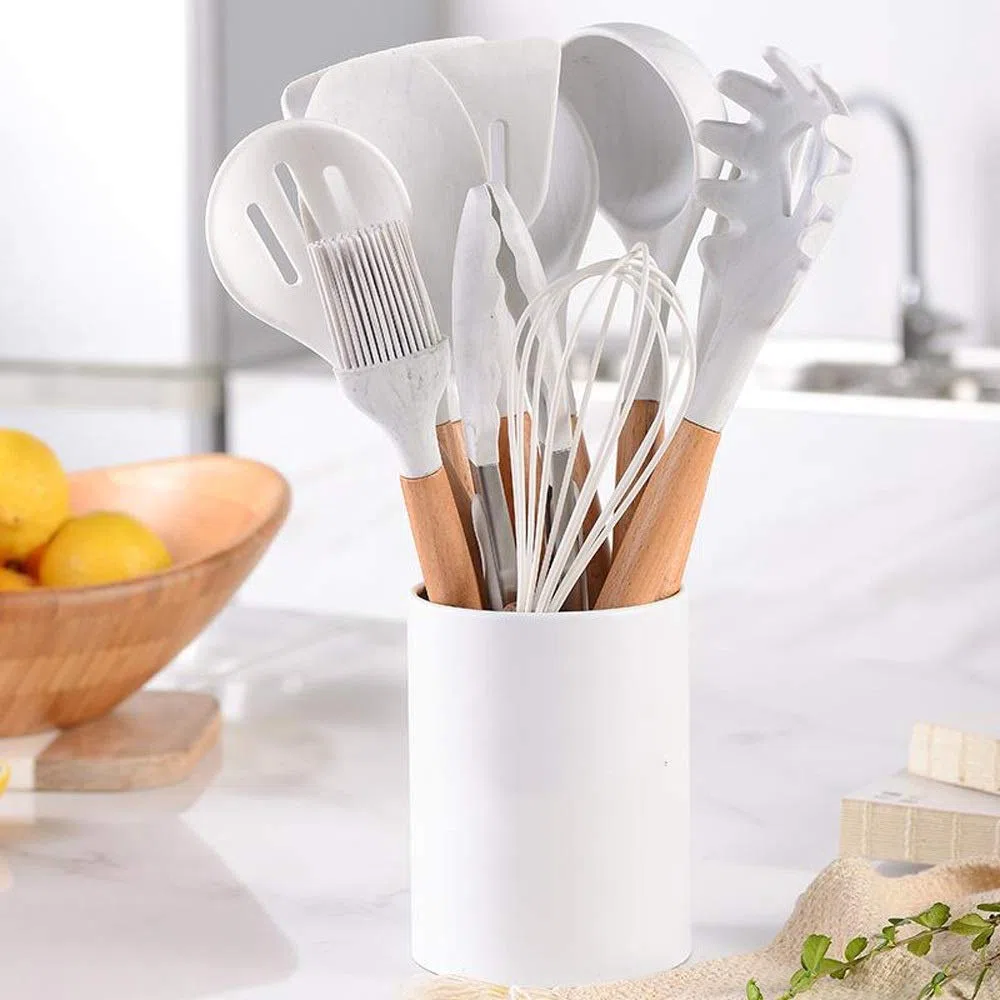 Spatule de cuisine en silicone avec poignée en bois anti-adhésive - Ustensiles de cuisine en silicone résistant aux hautes températures
